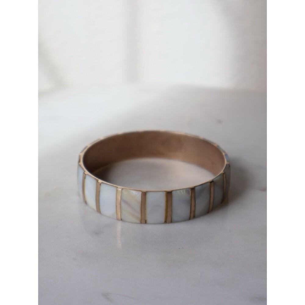 Vintage Mother of Pearl Inlay Bangle Bracelet Gold Tone MOP Mid Century Jewelry